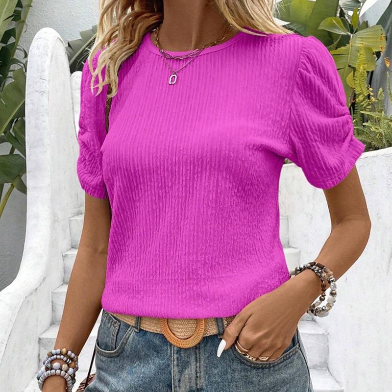 Ladies Summer wrinkle short Sleeve Solid Color Pullover T Shirt Top