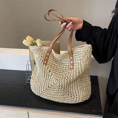 Bolsa de ombro feminina de grande capacidade, cor sólida, verão, palha, tecido, moda feminina, designer de luxo, bolsa de praia, bolsa de compras