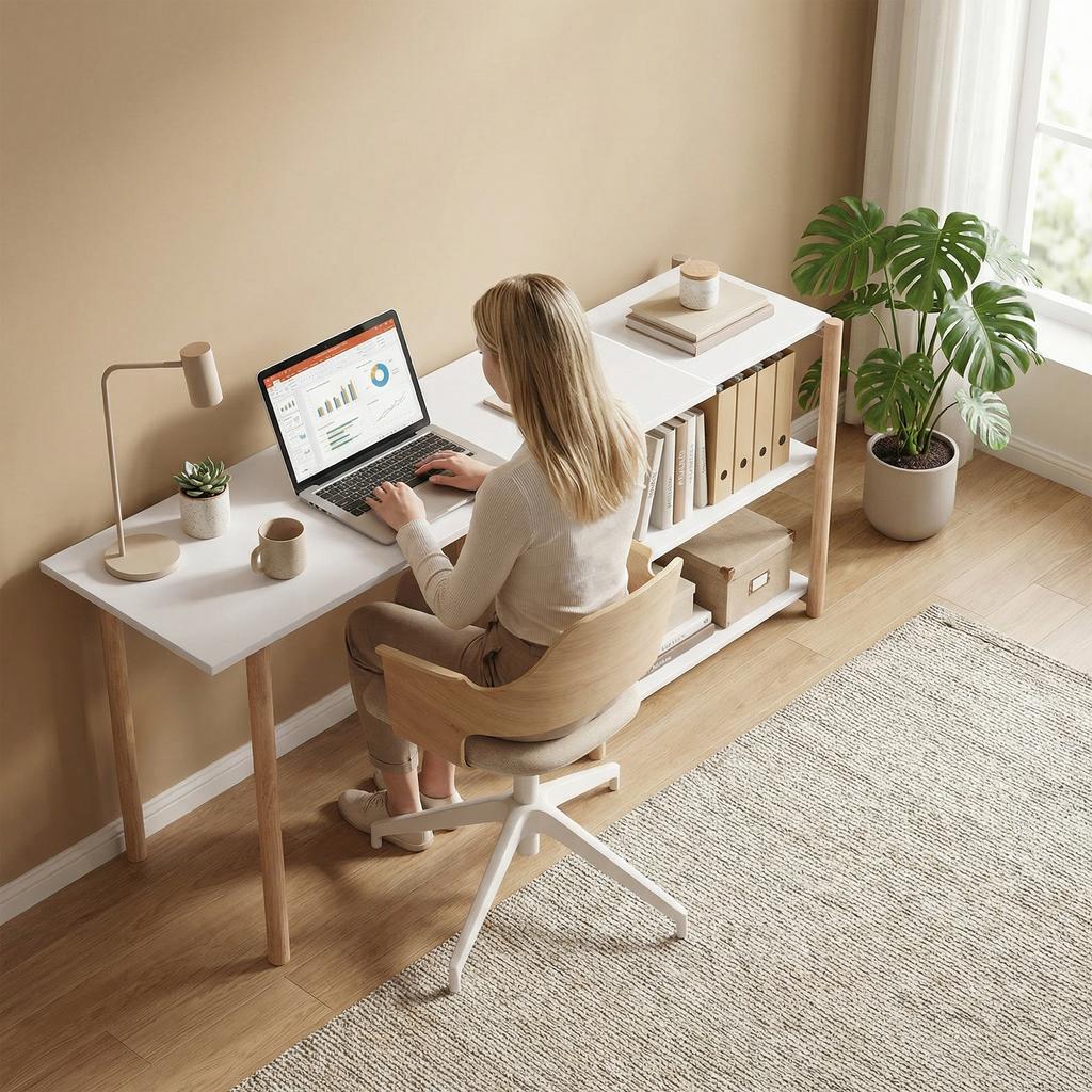 Folding Desk, Computer Desk, Storage Shelves, Bamboo Frame, White and Oak