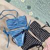 Korean Style Striped Strapless Halter Two-Piece Beach Swimsuit for Women
