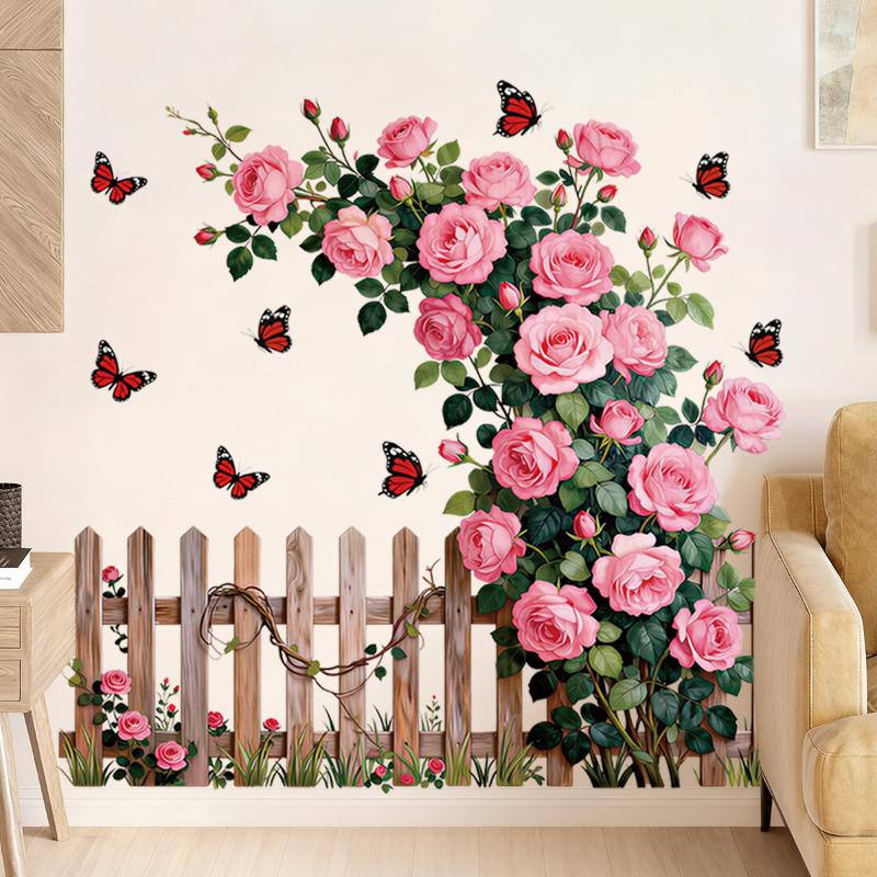 Romantic Rose Wall Decals, Rose Vine Fence Floral Stickers Wall Art Murals, Peel And Stick Self-Adhesive Stickers For Girls Bed