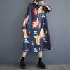New Loose Large Size Oceanic Printing Mid-length Literary Retro Dresses