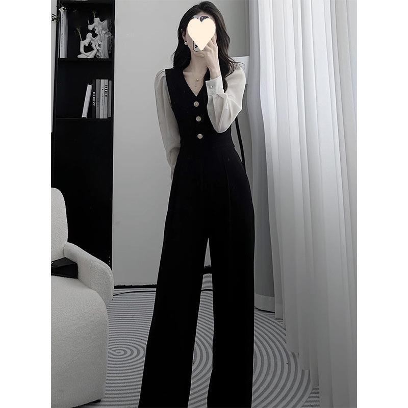 Elegant Black Cinched-Waist Long-Sleeve Jumpsuit - Autumn 2025 Slimming High-End Trouser Style 2XL
