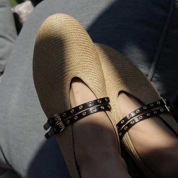 Leather French Straw Double One-Word Band Round Head Shallow Mouth Flat Ballet Single Shoes Women's 2025 Spring Mary Jane Shoes