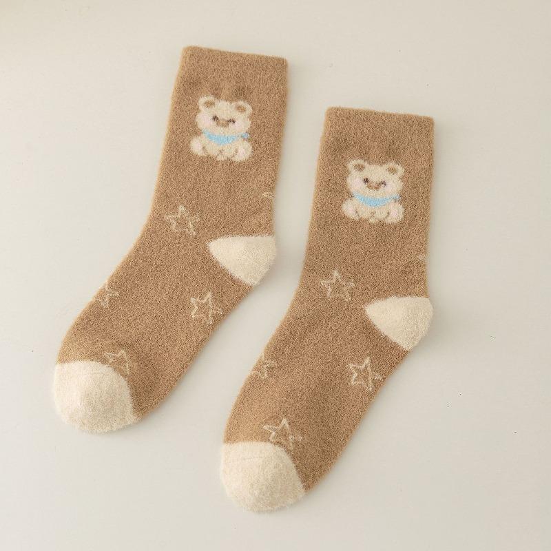 Autumn and Winter Coffee-colored Bear Australian Fleece Mid-calf Socks, Thickened, Warm and Cute Home Floor Socks