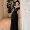 Royal Sister Wind One-word Shoulder Lace Splicing Pleated Dress High-end Women's Summer Dress Waist Open Shoulder Hip Wrap Dress