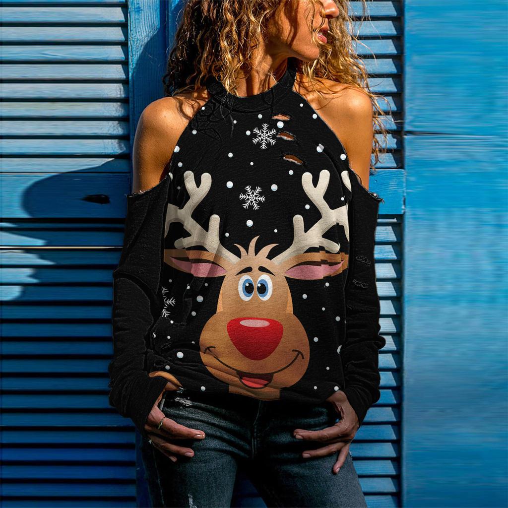 1116 European and American ebay new Christmas women's clothing ripped hollow long-sleeved T-shirt top