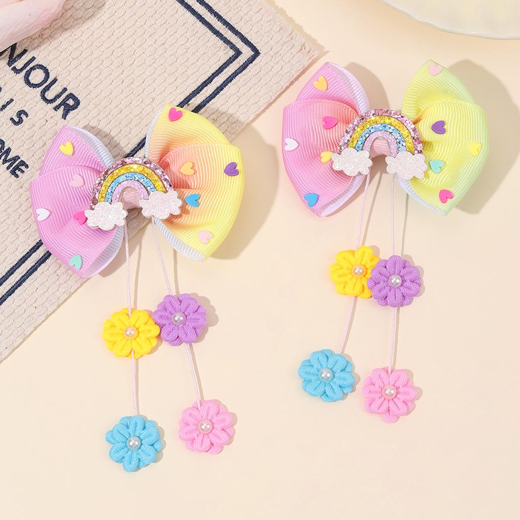 2Pcs Cartoon Unicorn Hair Clips For Girls Children Rainbow Color Bow Hairpins Heart Silicone Accessories Flower Pendant Headwear
