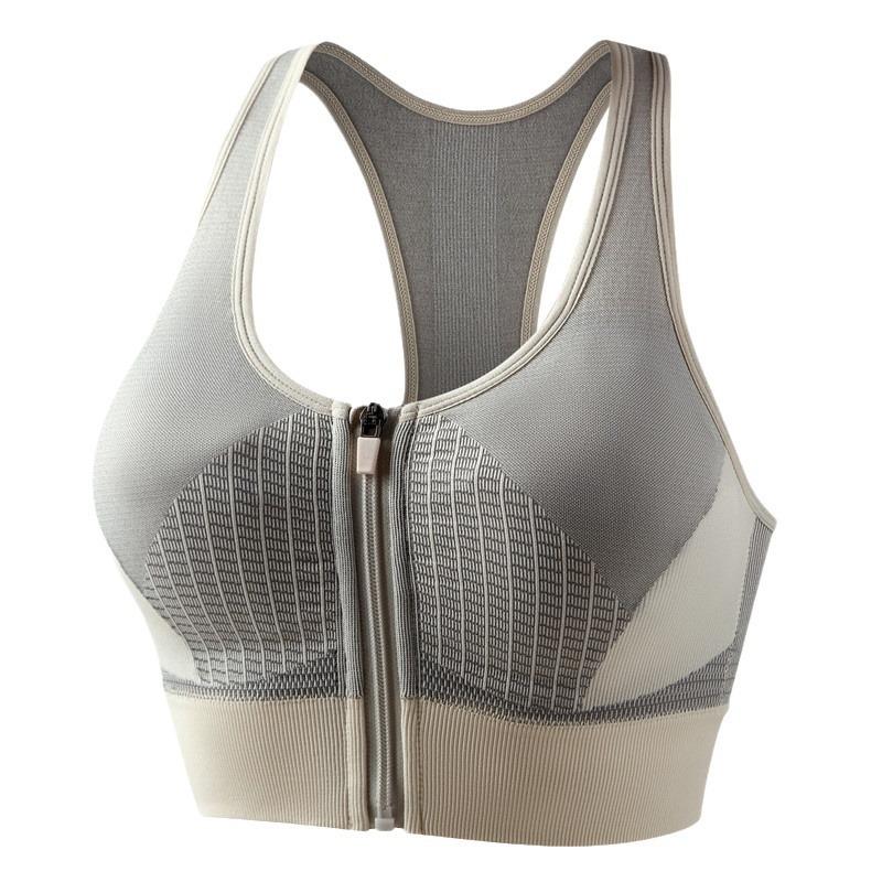 Color Block Shockproof Front Zip Racerback Sports Bra For Gym Running Seamless Back Closure