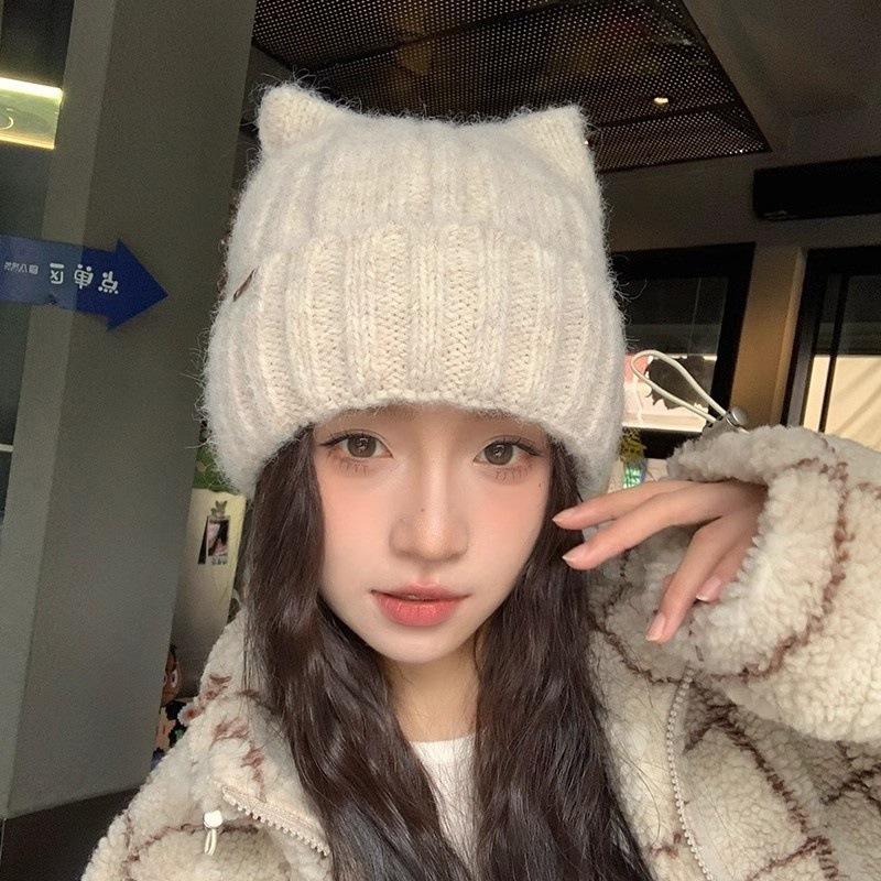 1pc Women's  Winter New Cat's Ears Cute Wool Hat,Korean Version Thickened Warm Knitting Hat,casual and Versatile Daily Going Out