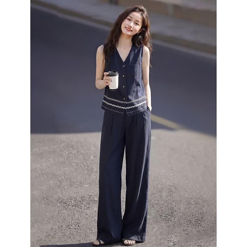 Women's Sleeveless Vest & Wide-Leg Pants Two-Piece Set