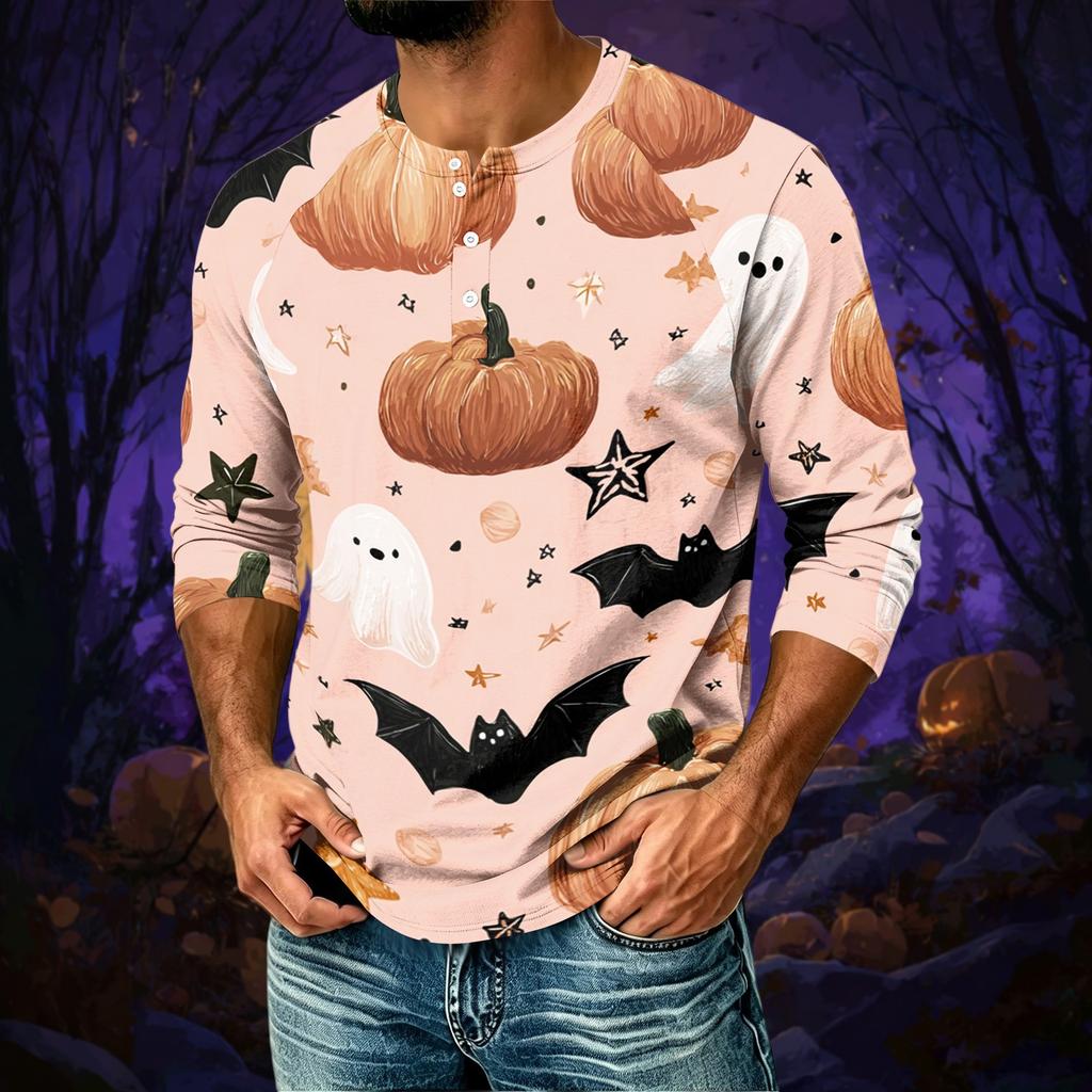 Men's Casual Halloween Print Raglan Three-Quarter Sleeve Shirt