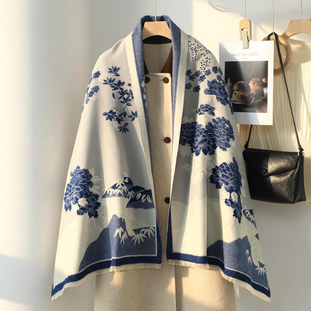 Double-Sided Women's Winter Ink Painting Snood: Imitation Cashmere Scarf for Air-Conditioned Rooms.