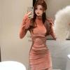Sweet and Spicy Golden Velvet Semi-turtleneck Dress Women's Clothing Autumn and Winter Design Feeling Wrinkled Slim and Thin Hip Skirt