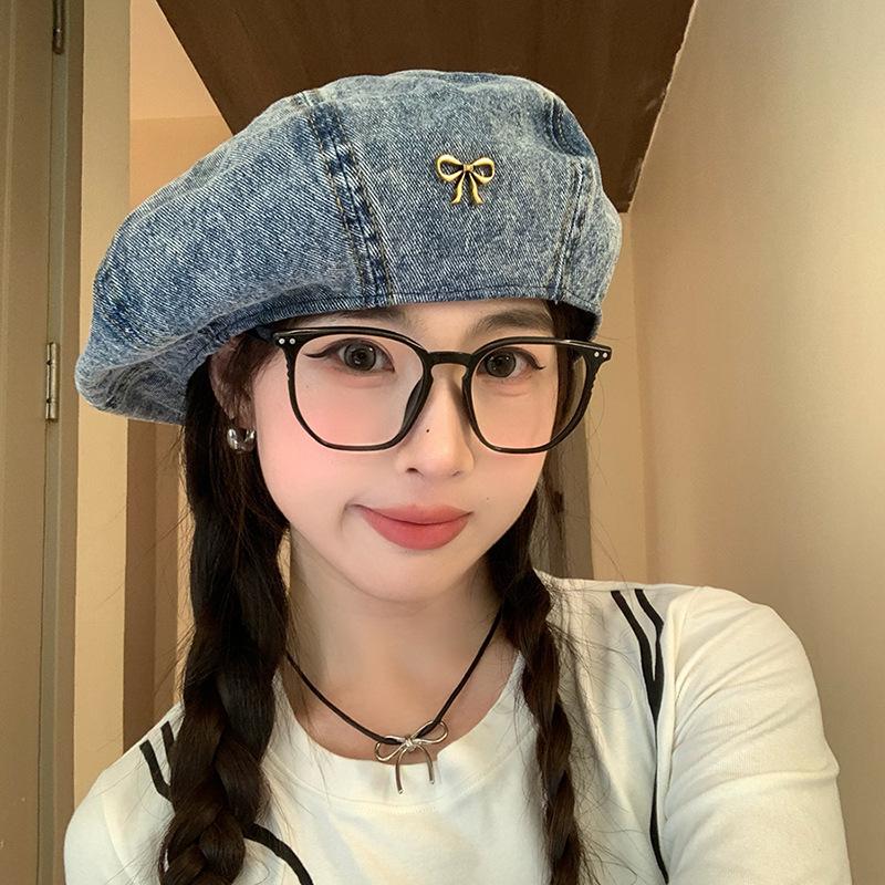 Bow denim beret women's retro big head circumference cloud painter hat showing face small bud star anise hat