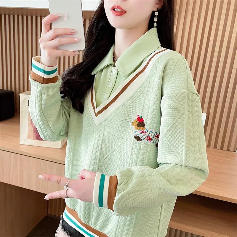 Spliced Fake Two-piece Sweatshirt for Women Autumn Cartoon Loose and Western Design Embroidered Polo Collar Top