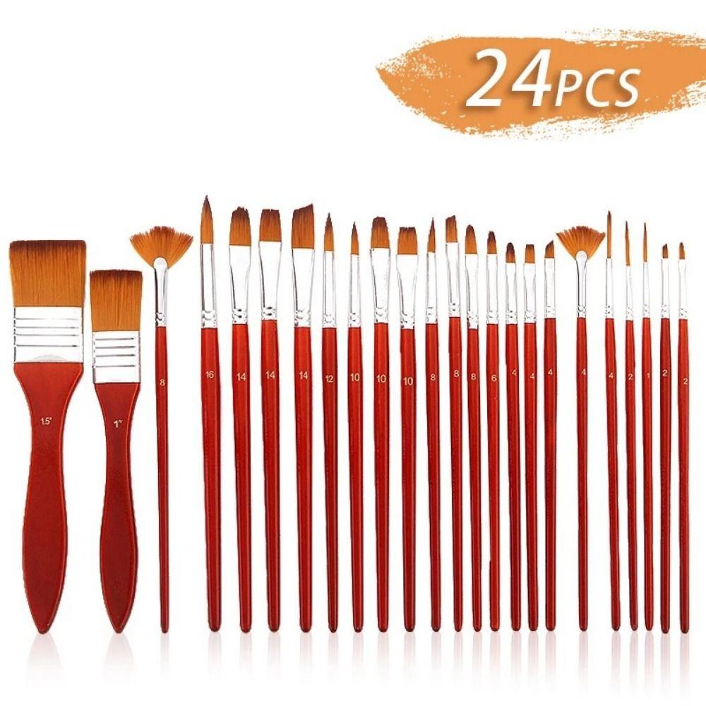 24pcs/set Nylon Hair Oil Painting Brush Wooden Handles Watercolor Paint Brush Pen Children