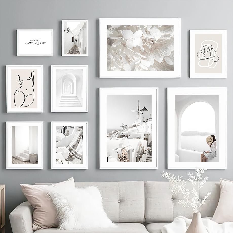 

Настенная картина на холсте, Санторини, Белый дом, листья, морской остров, плакаты на скандинавскую тему и принты, современные картины для декора гостиной