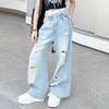 Jeans Strappati da Cowgirl per Bambina con Buco Stile Casual per Bambini Pantaloni in Denim Distrutto Primavera Autunno Bambino Abbigliamento High Street 5-14 Anni
