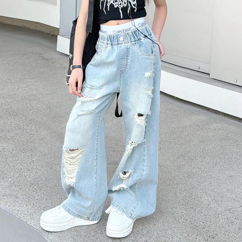 Jeans Strappati da Cowgirl per Bambina con Buco Stile Casual per Bambini Pantaloni in Denim Distrutto Primavera Autunno Bambino Abbigliamento High Street 5-14 Anni