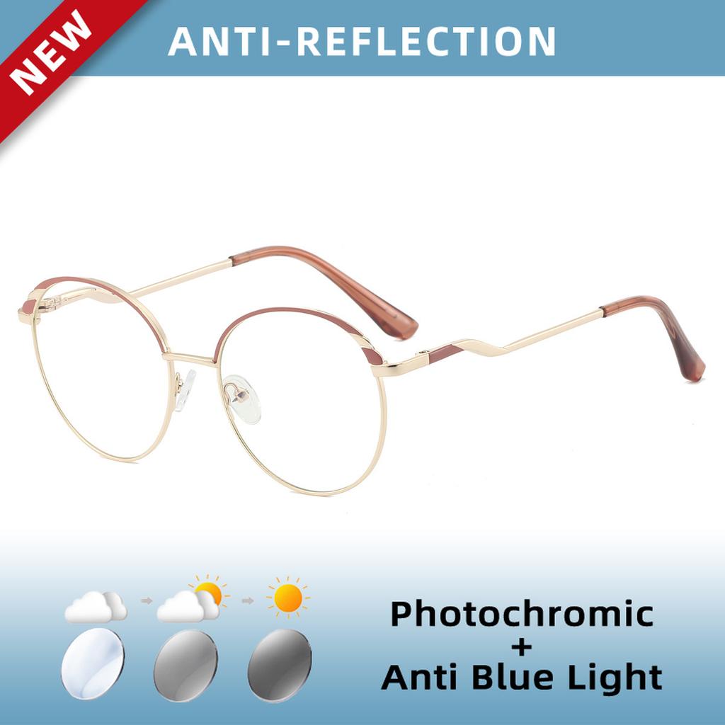 EYORA Fashion Metal Round Full Rim Reading Glasses Anti Blue Ray Myopia and Hyperopia Photochromic Prescription Eyewear Lens