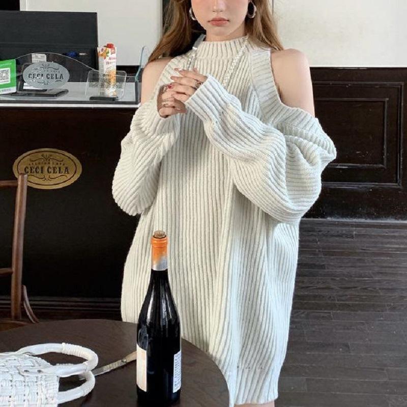 Off-the-shoulder pure desire style design neck sweater women's autumn and winter new lazy wind crew neck sweater