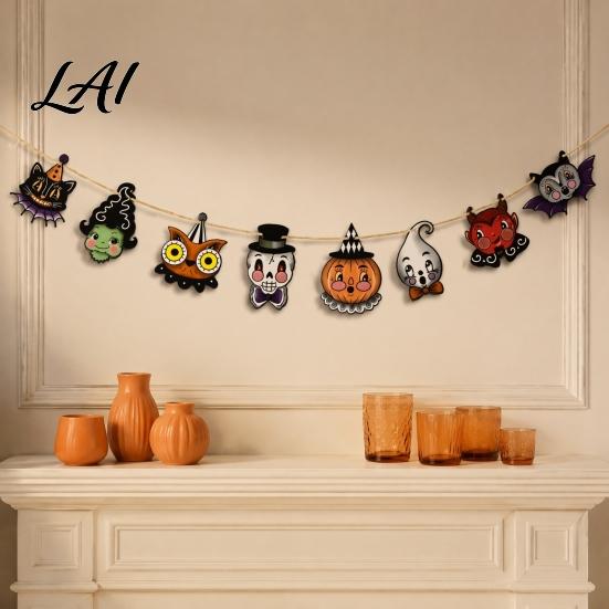 Halloween Party Decorations 8Pcs Bunting Banner Pumpkin Ghost Bat Witch Cartoon Hanging Garland Cute Props Retro Wooden Wall Flag for Home