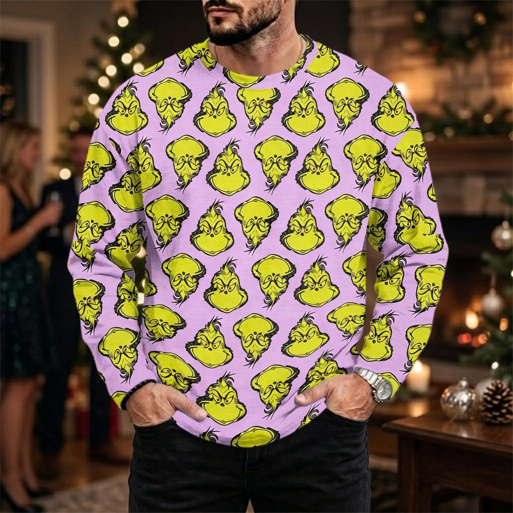Men's Plus Size Loose Fit Casual Neck Long Sleeve T-Shirt with Christmas Print for Fall and Winter