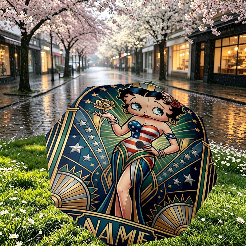 Spersonalizowany Parasol z Nadrukiem Betty Boop z Imieniem, Automatyczne Otwieranie i Zamykanie, Wytrzymały Stelaż z 8 Żebrami, do Codziennego Użytku, na Kemping i Piesze Wycieczki, Prezent Urodzinowy