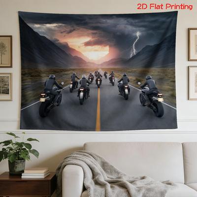 Duży baner ścienny z motywem grupy motocyklistów, podróży drogowej, błyskawic i zachodu słońca, 180x320cm, niestandardowy wydruk do pokoju