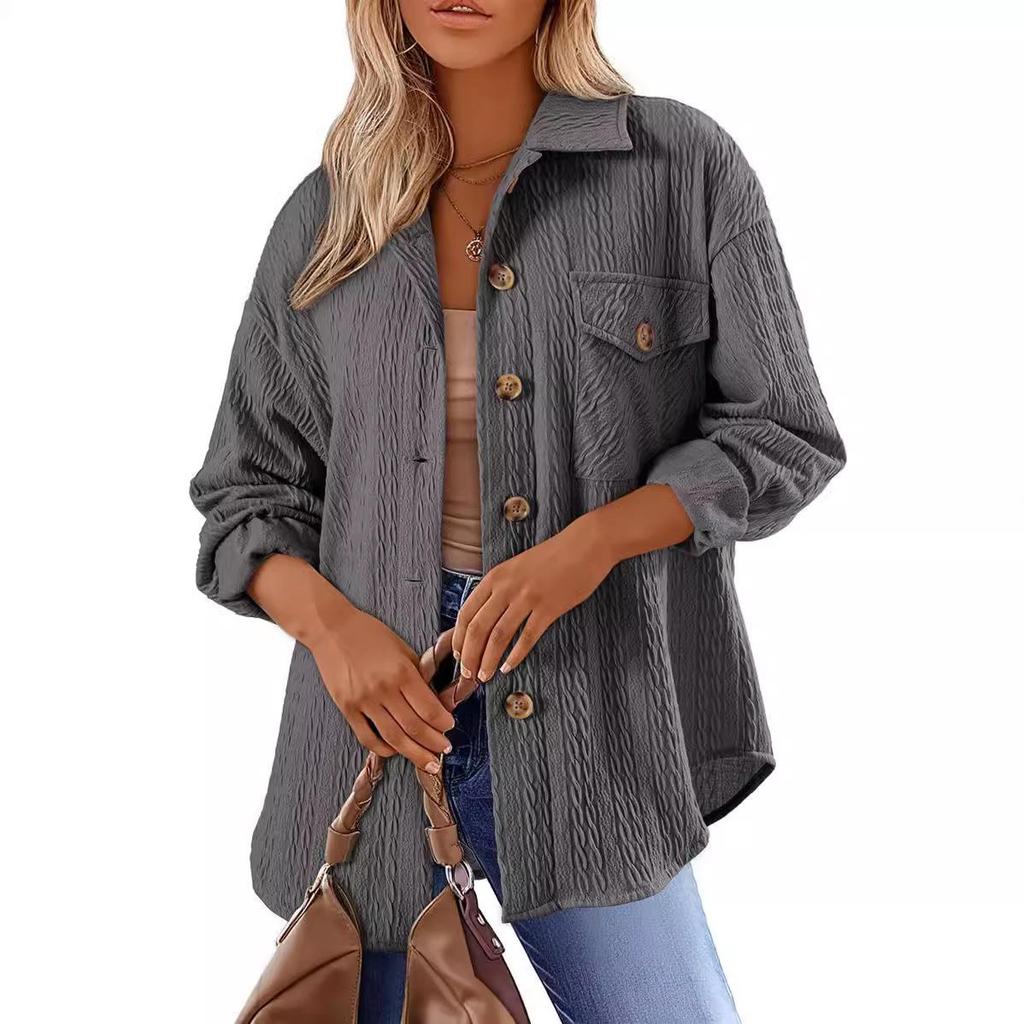 2024 Women's Autumn & Winter Loose Lapel Pocket Button Coat - Solid Color, Long Sleeve