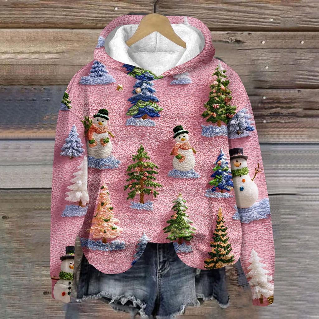 Women's Fashion Long Sleeve Christmas Print Loose Hooded Sweatshirt Top