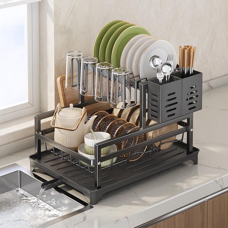 Kitchen Dish Drainer Rack with Cup Holder - Countertop Bowl, Plate, and Chopstick Organizer