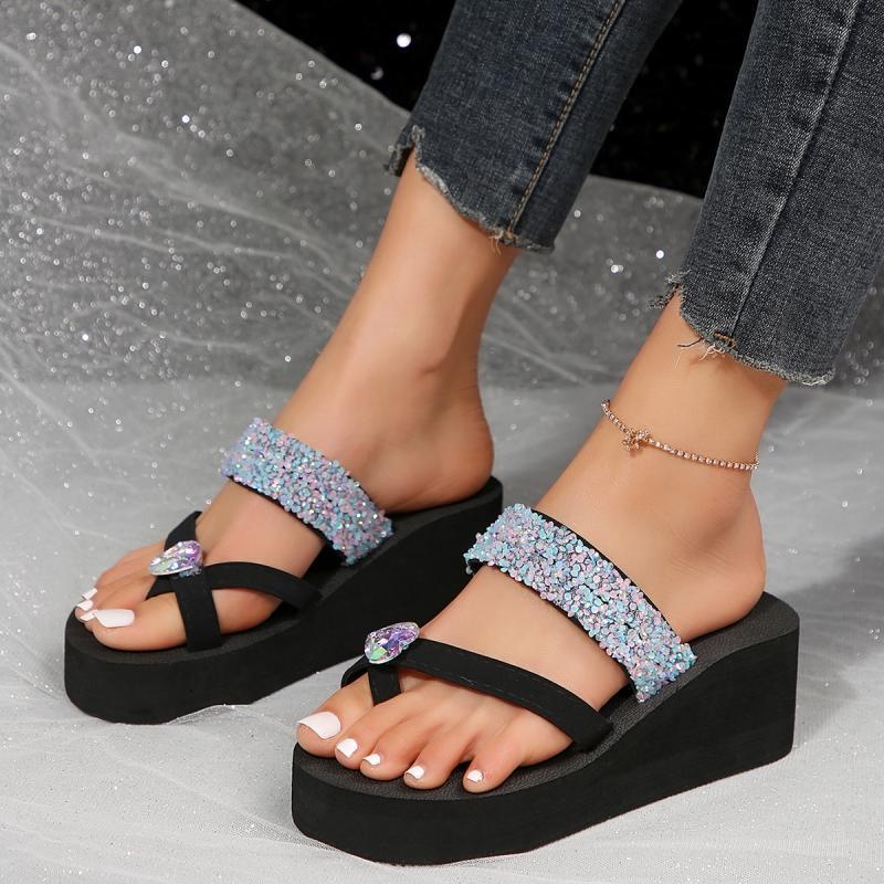 Fashion Platform Big Rhinestone Clip Toe Sandals Women Summer 2025 Wedge Heels Silver Glitter Strap Slides Woman Fashion Beach Slippers