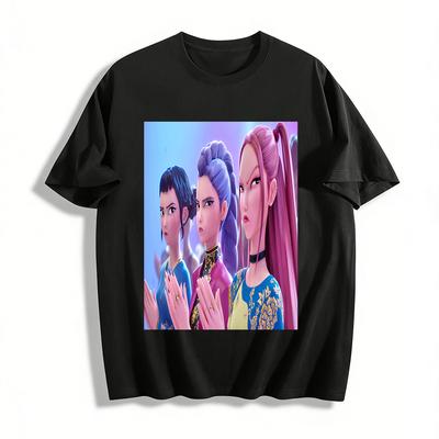 Cool Chinese Style Girl Group Anime Character Print Tops Casual Loose Crew Neck T-Shirts For Sisters Pure Cotton T-shirt