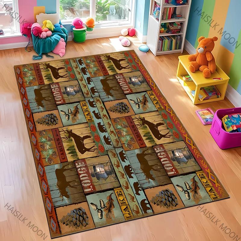 Dywan w stylu retro skandynawskim z motywem nadruku niedźwiedzia łosia, miękki dywan odpowiedni do jadalni, salonu, pokoju zabaw dla dzieci, mata podłogowa