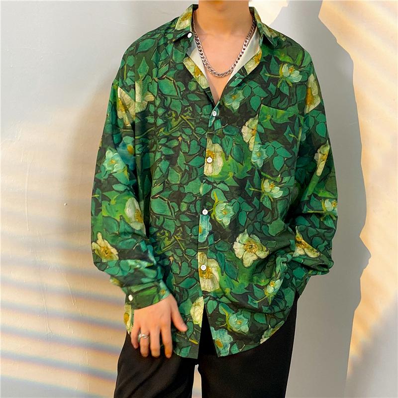 Unisex Thai Vintage Floral Long-Sleeve Shirt, Loose Fit for Street Dance, Spring/Autumn