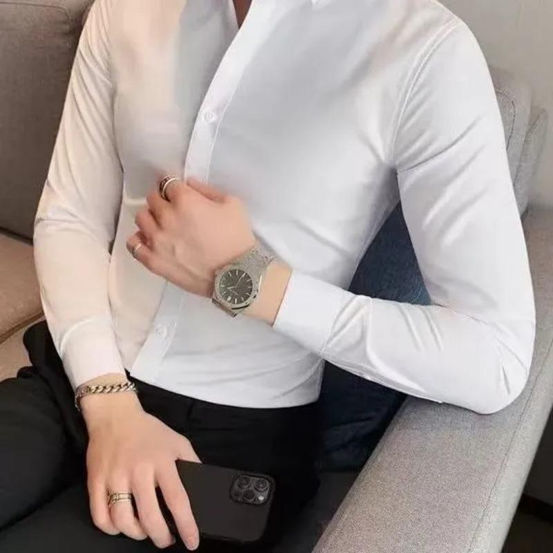 Men's Slim Fit Long Sleeve Dress Shirt Non-Iron Solid Color Formal Business Top Stretch Button Down Shirt