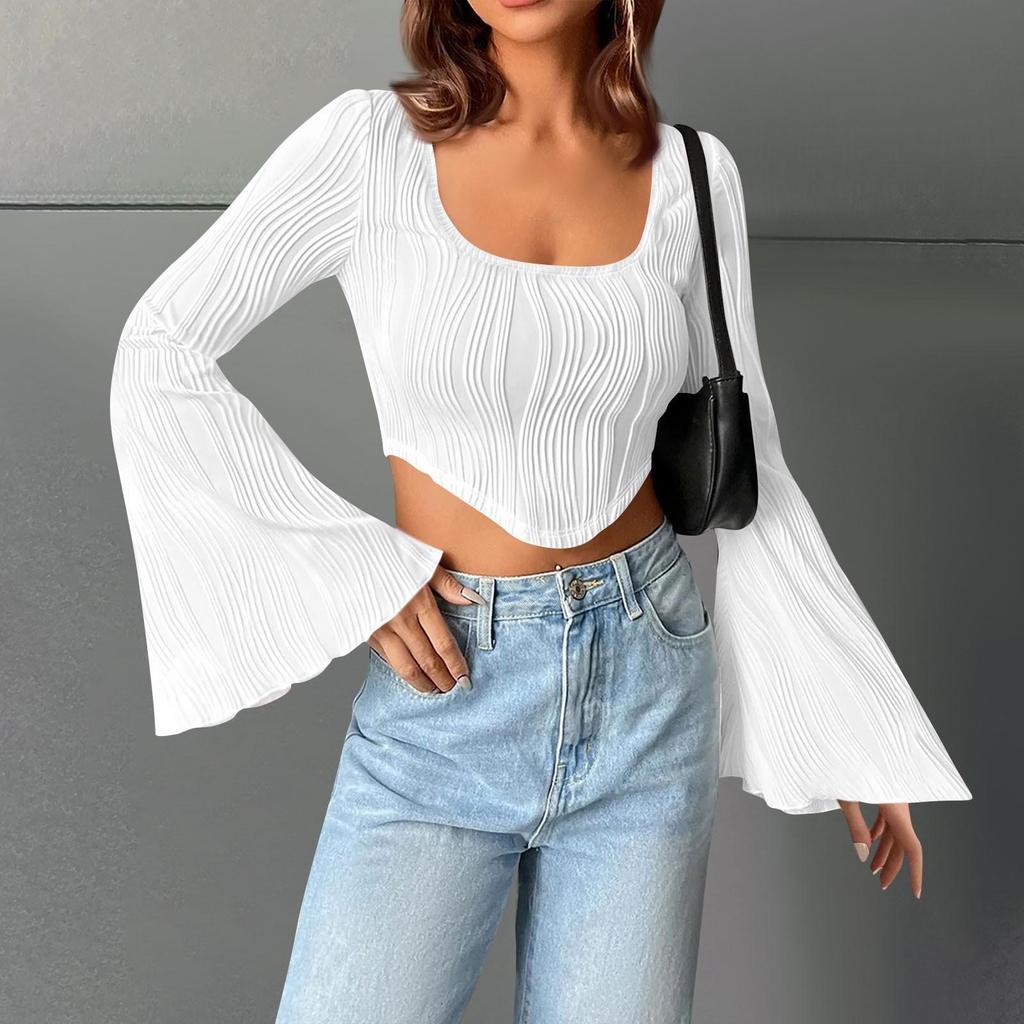 Women's U Neck Solid Color Crop Slimming Fashion Flared Long Sleeve Top Sexy Short T-shirt Top