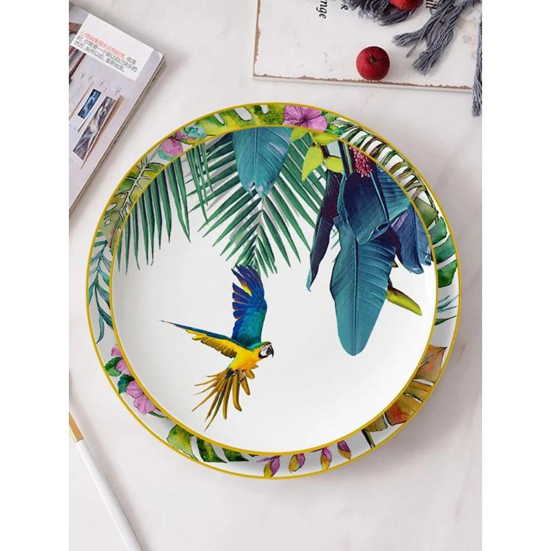 Ceramic Overglazed Color Figure Tableware Set Hand Painted Parrot Household Dinner Plate Steak Plate Coffee Set Set