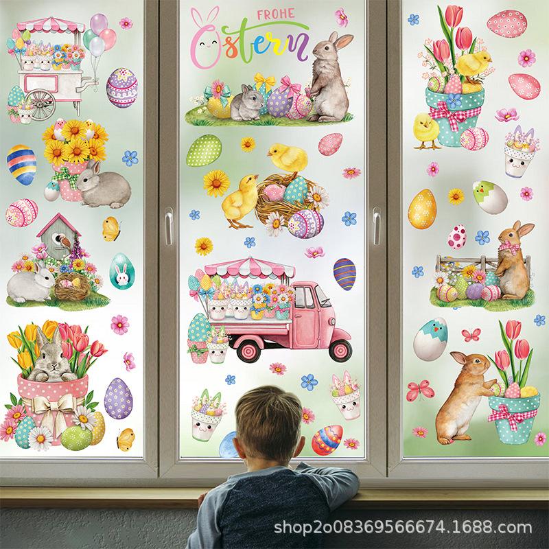 New Easter Cute Rabbit Easter Egg Electrostatic Window Stickers, Glass Kitchen Window Sucking Static Stickers