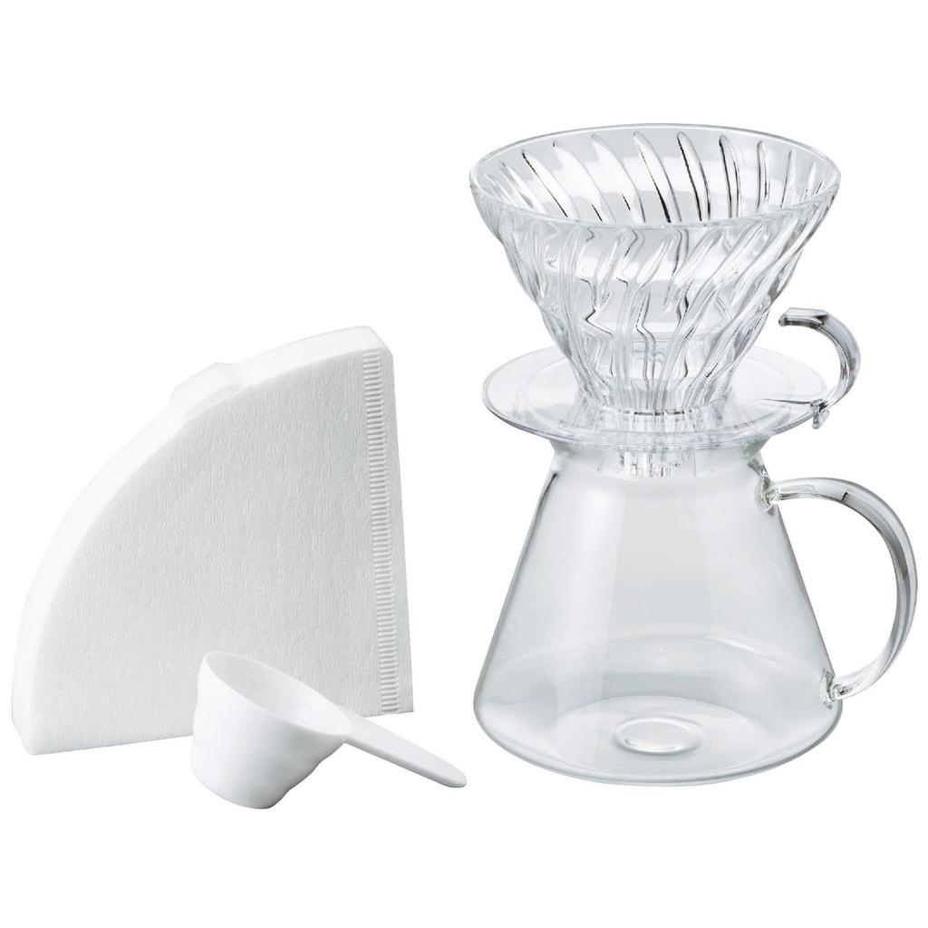 HARIO V60 Glass Brewing Kit, 600ml Capacity, Server, 1-4 Cups, Clear, Made in Japan, Perfect Gift (S-VGBK-02-T)