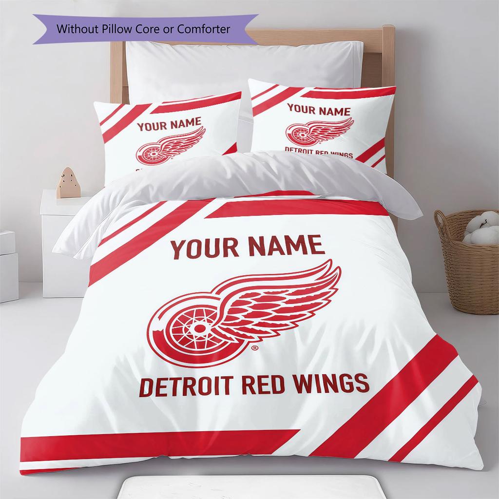 Custom Name,Detroit Red Wings Pattern Bedding Home Decoration Birthday Gift ( 1 Duvet Cover + 2 Pillowcase, Without Core),fan Merchandise.