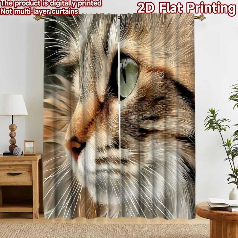 2D flat printing 2pcs Curtain Window Treatment Curtains Cat's Intense Gaze Digital Printed Polyester Drapes Festive Wall Decor