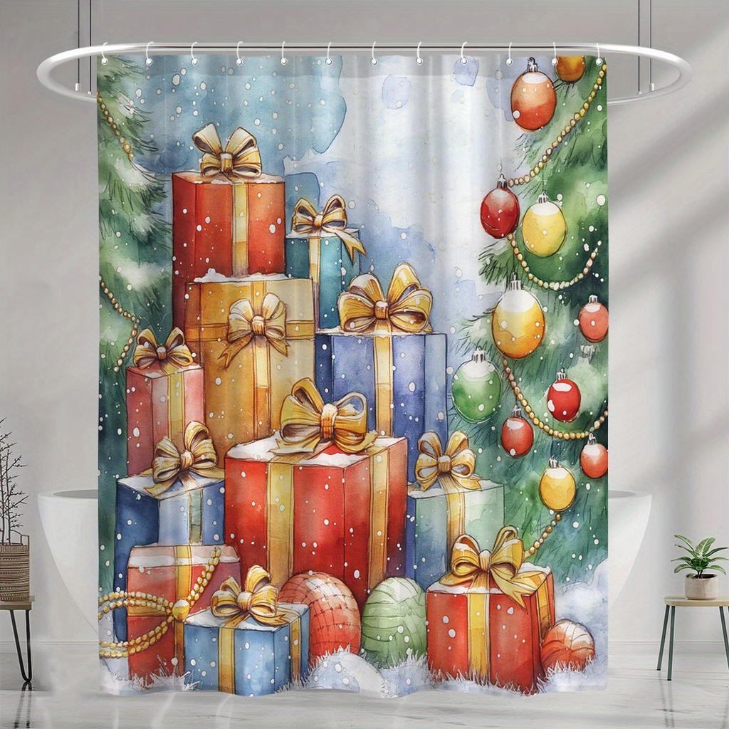 "Yuzhiyu Christmas Gift & Tree Shower Curtain - Polyester, Water-Resistant, 12 Hooks, Machine Washable, Digital Print