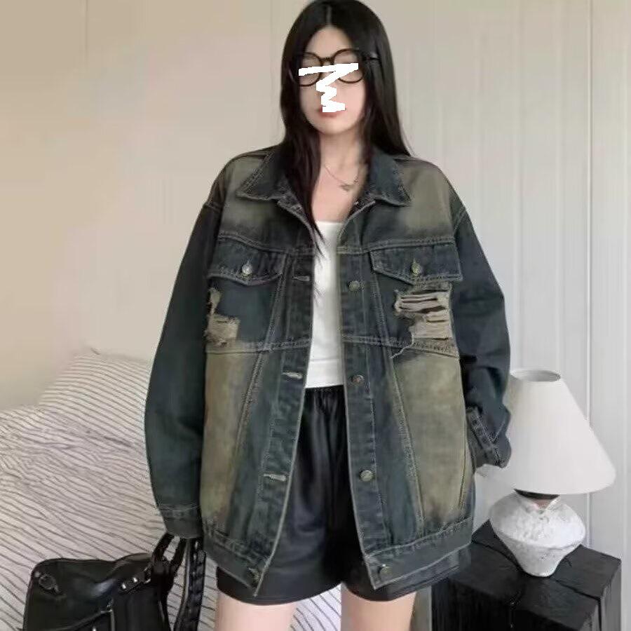 Унисекс Ретро Потертая Джинсовая Куртка - Новая 2054 Свободный Крой, Универсальный Уличный Стиль для Осени S