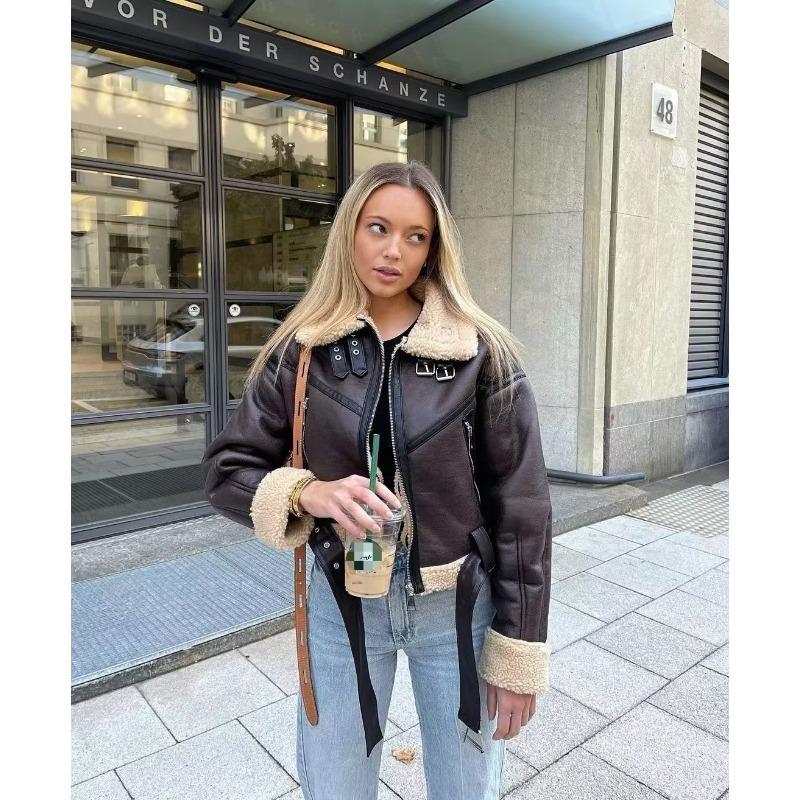 Women's Winter Warm Coat 2024 New Faux Leather Lamb Fleece Thickened Jacket Casual Motorcycle Bike Coat Belt Coat