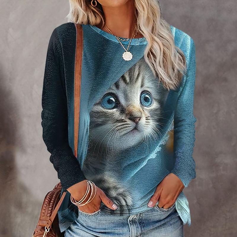 Spring And Autumn Long Sleeve Cute Cat Printed T-Shirts Women Street Casual Tops Female Loose Pullover Oversized Clothing Outdoor T Shirts