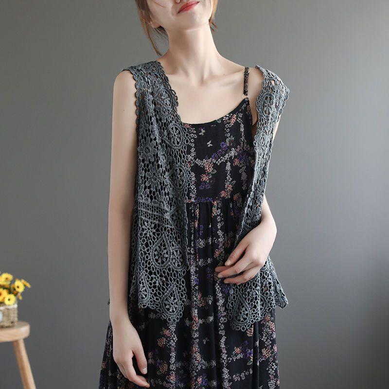 Summer Women Lace Vest Loose Cut-out Cardigan Vest Bohemian Style Cotton Woven Open Front Vest Thin Outwear