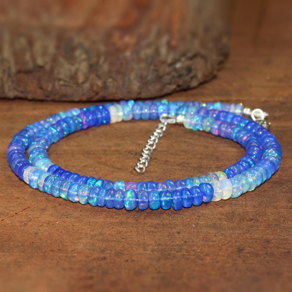 Natural Blue Opal Gemstone Dainty Beaded Necklace, Ethiopian Opal Handmade Necklace, Birthstone Necklace, Minimalist Necklace, Gift for Her